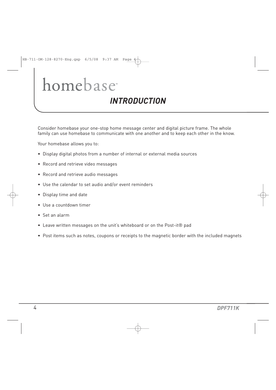 Introduction | Audiovox HOME BASE DPF711K User Manual | Page 4 / 44