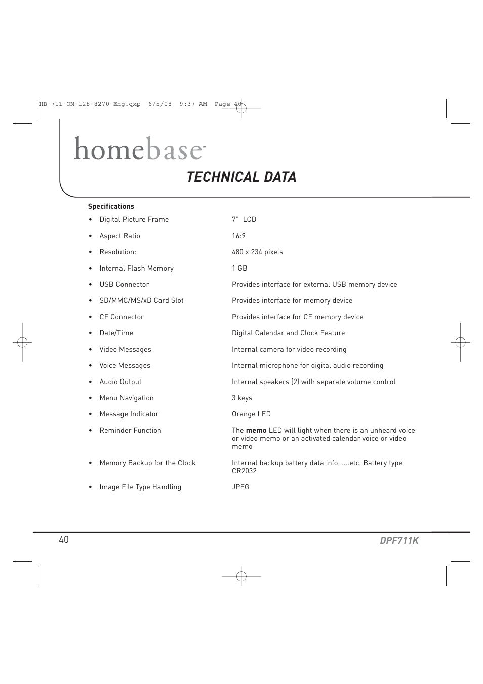 Technical data, Dpf711k | Audiovox HOME BASE DPF711K User Manual | Page 40 / 44