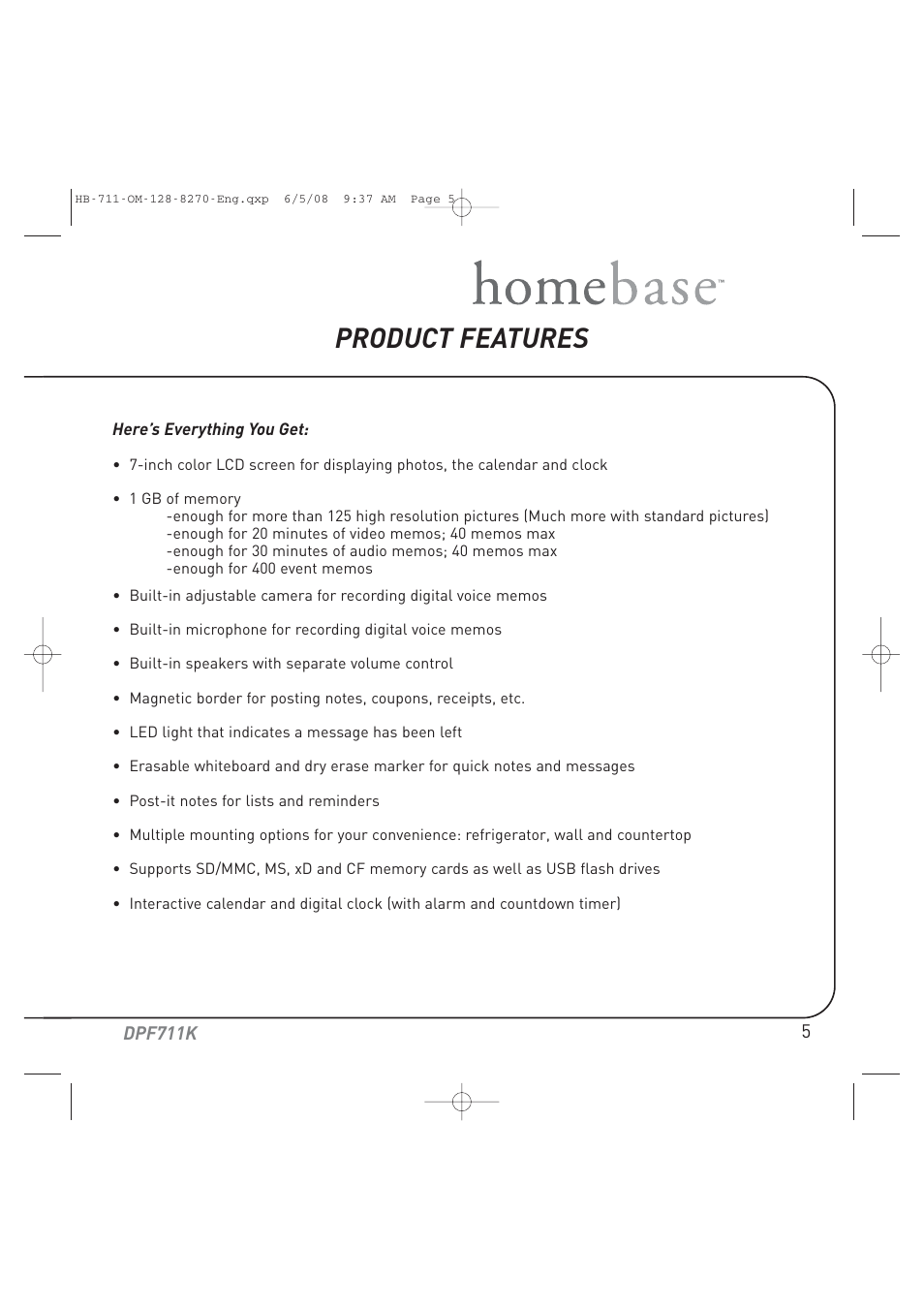 Product features | Audiovox HOME BASE DPF711K User Manual | Page 5 / 44