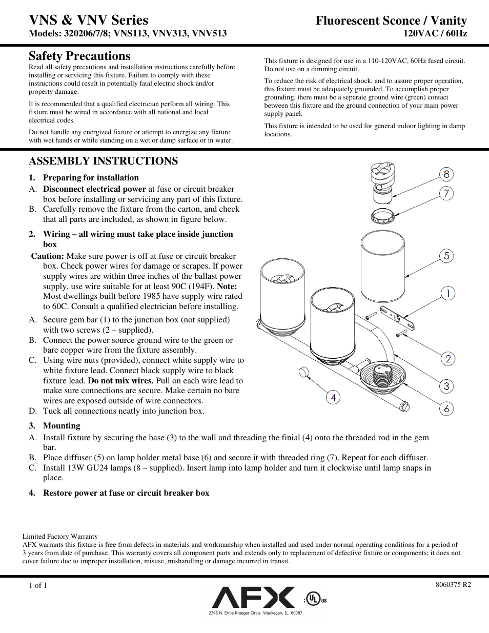 AFX VNS113SNSCT User Manual | 1 page