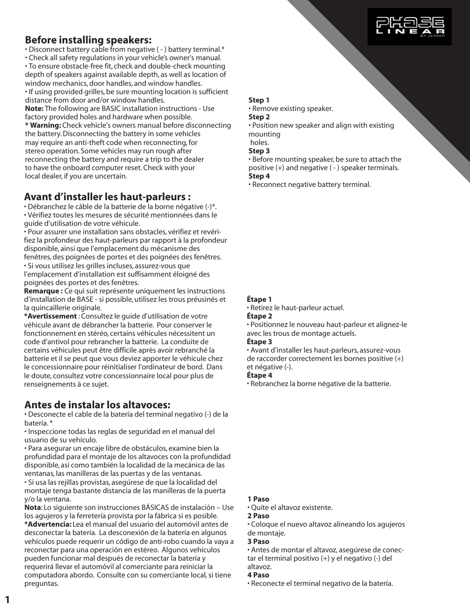 Before installing speakers, Antes de instalar los altavoces, 1avant d’installer les haut-parleurs | Audiovox US365 User Manual | Page 2 / 5