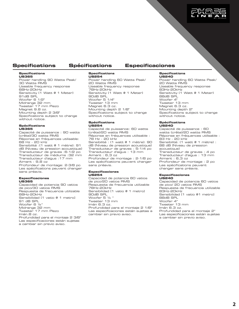 Specifications spécifications especificaciones | Audiovox US365 User Manual | Page 3 / 5