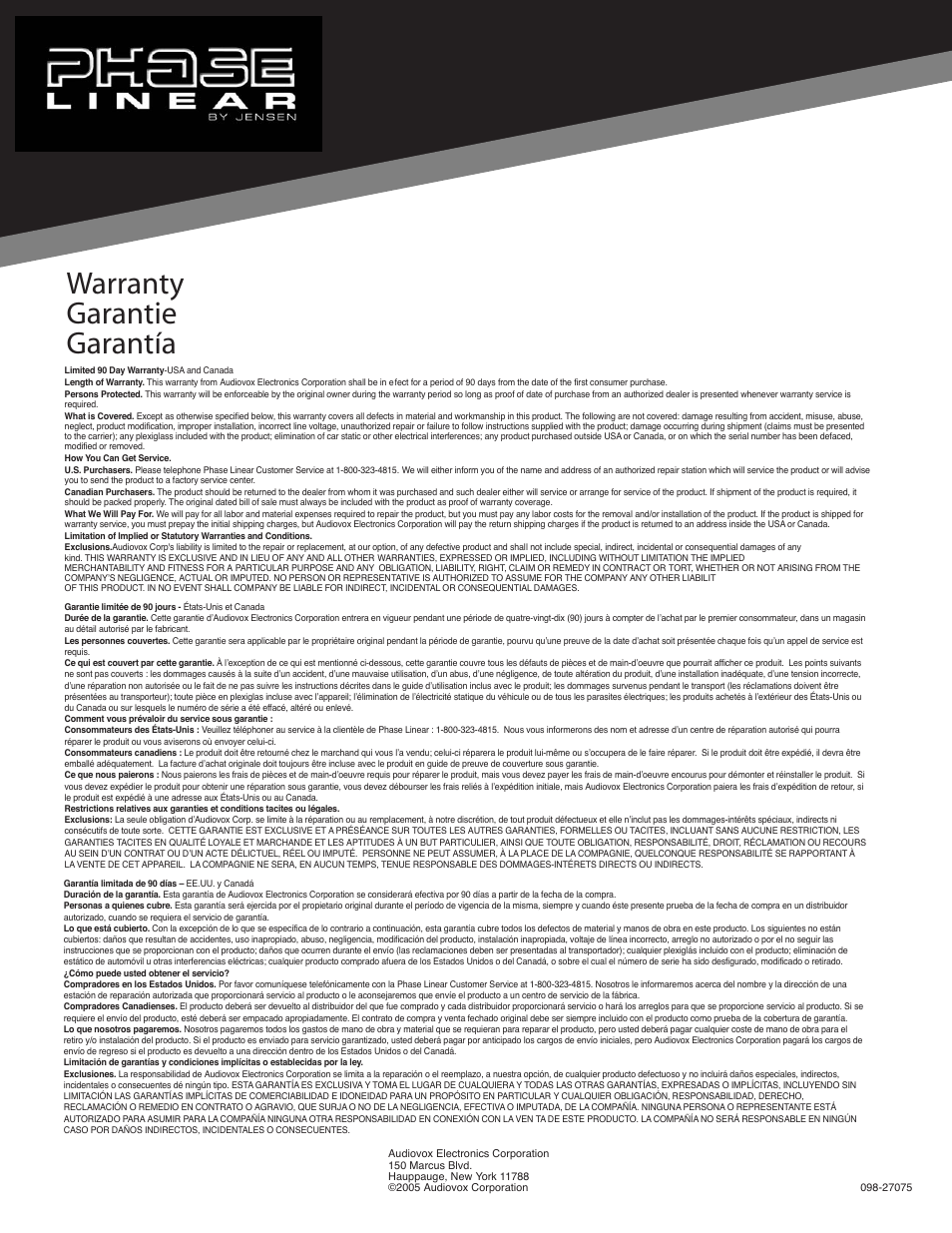 Warranty garantie garantía | Audiovox US365 User Manual | Page 5 / 5