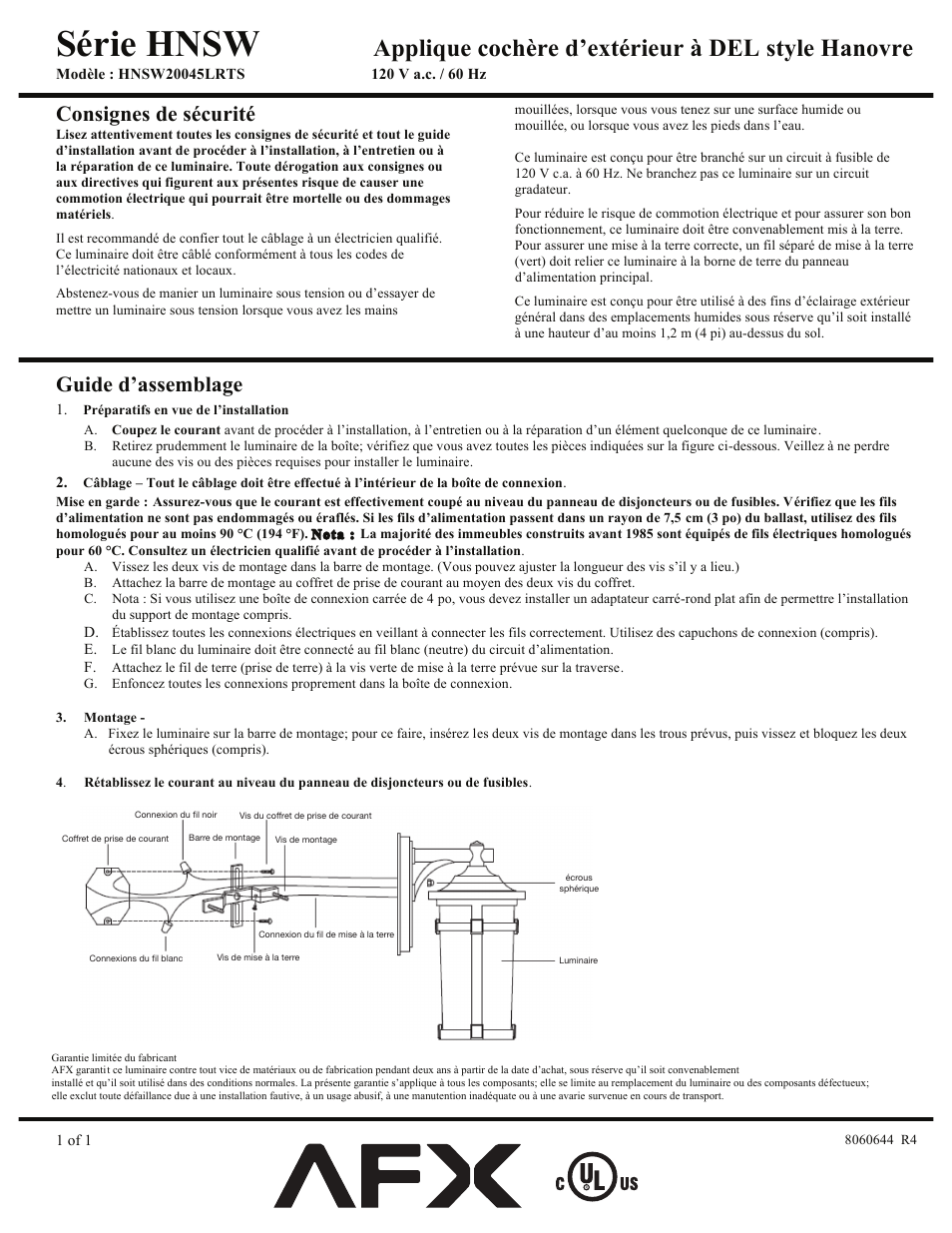 Série hnsw, Applique cochère d’extérieur à del style hanovre, Consignes de sécurité | Guide d’assemblage | AFX HNSW20045LRTS User Manual | Page 2 / 3