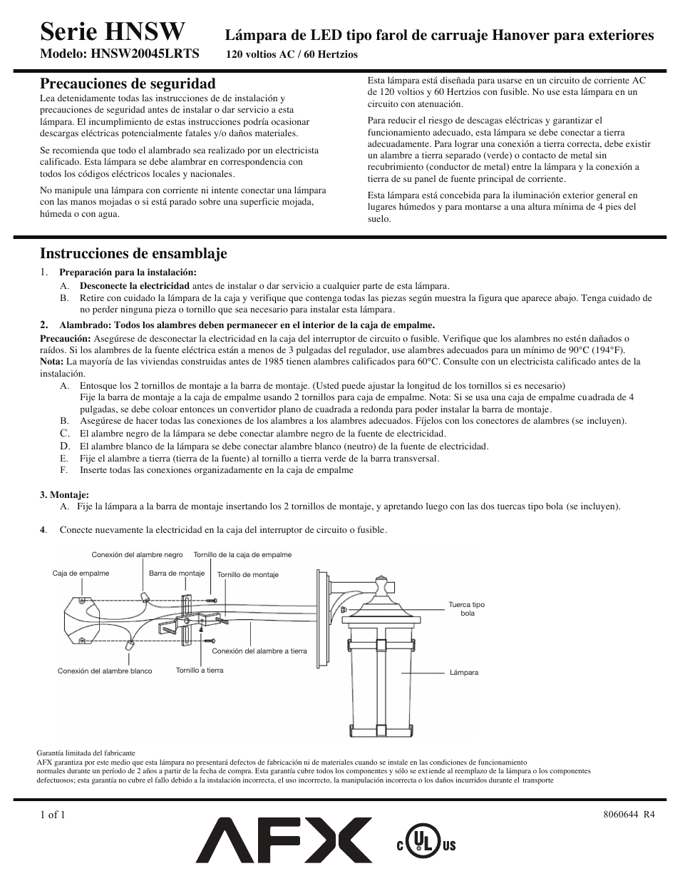 Serie hnsw, Precauciones de seguridad, Instrucciones de ensamblaje | AFX HNSW20045LRTS User Manual | Page 3 / 3