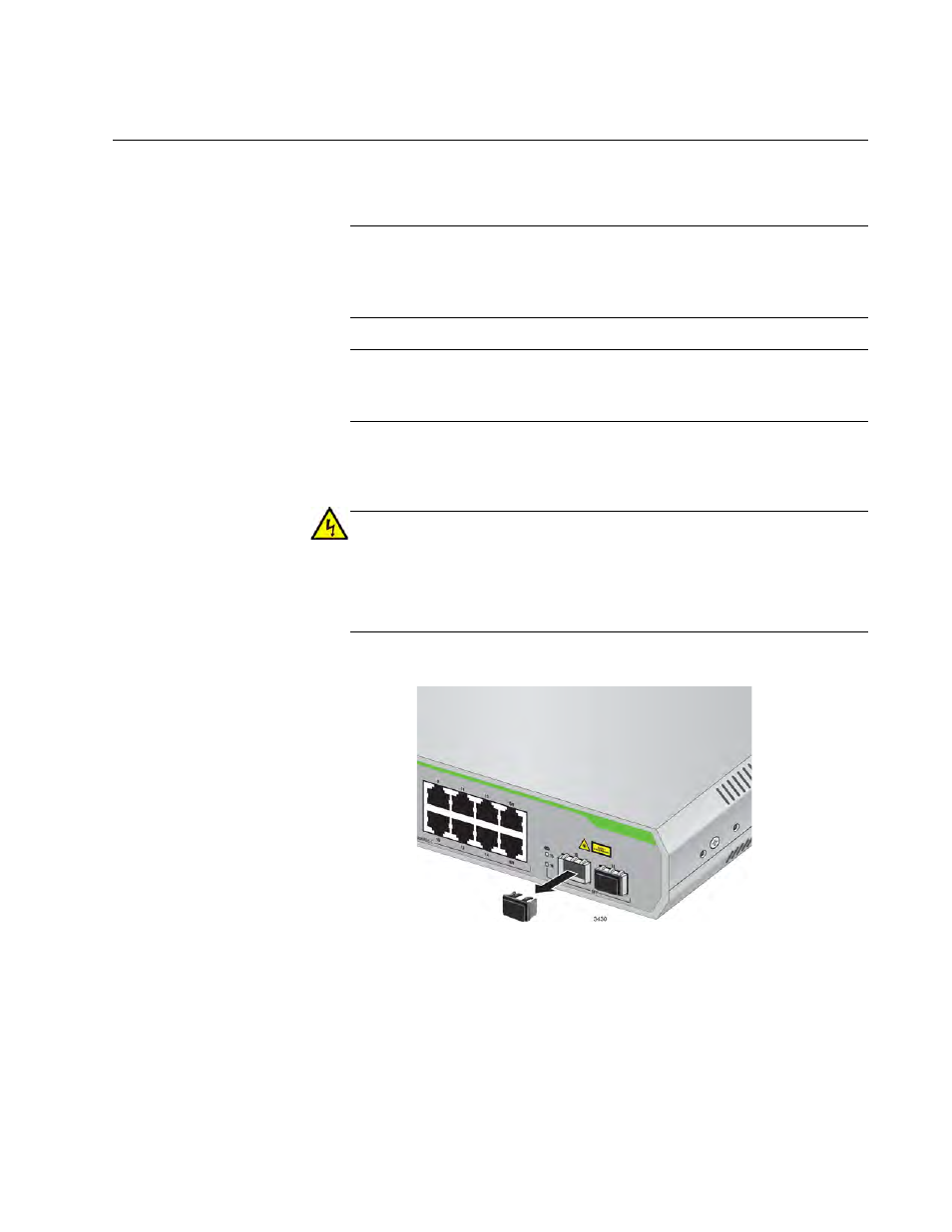 Installing sfp transceivers, Figure 12: removing the dust plug from an sfp slot | Allied Telesis AT-GS924M User Manual | Page 43 / 54
