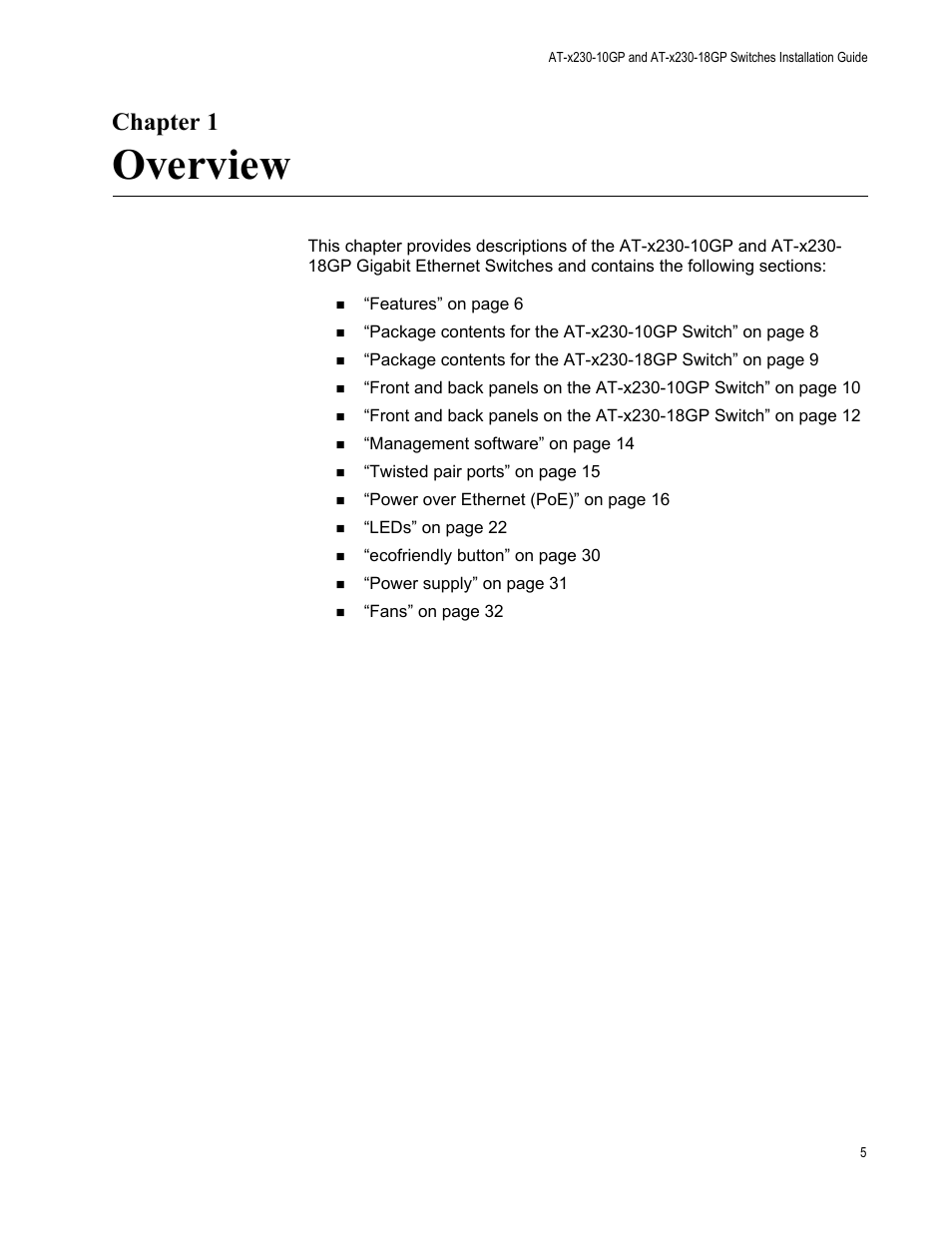 Chapter 1: overview, Overview, Chapter 1 | Allied Telesis AT-x230-18GP User Manual | Page 15 / 80
