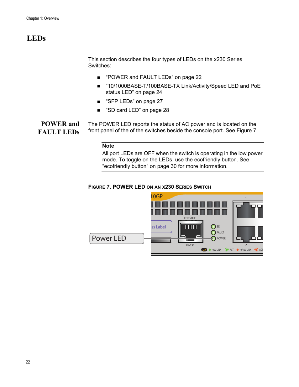 Leds, Power and fault leds, Figure 7: power led on an x230 series switch | Power led, 10gp | Allied Telesis AT-x230-18GP User Manual | Page 32 / 80