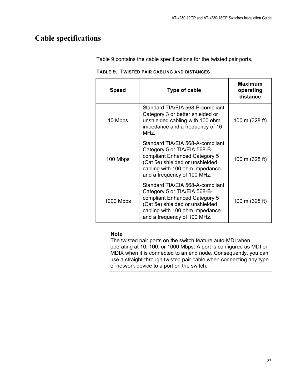 Cable specifications, Table 9. twisted pair cabling and distances | Allied Telesis AT-x230-18GP User Manual | Page 47 / 80