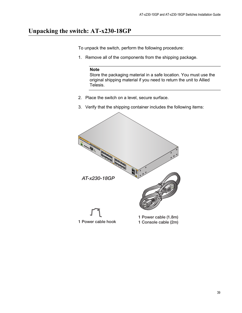 Unpacking the switch: at-x230-18gp | Allied Telesis AT-x230-18GP User Manual | Page 49 / 80