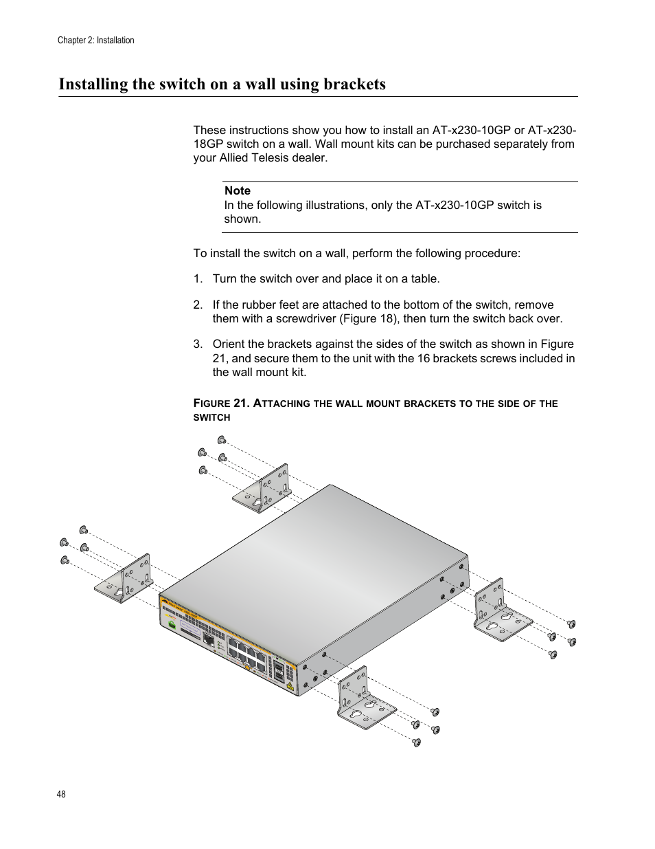 Installing the switch on a wall using brackets | Allied Telesis AT-x230-18GP User Manual | Page 58 / 80