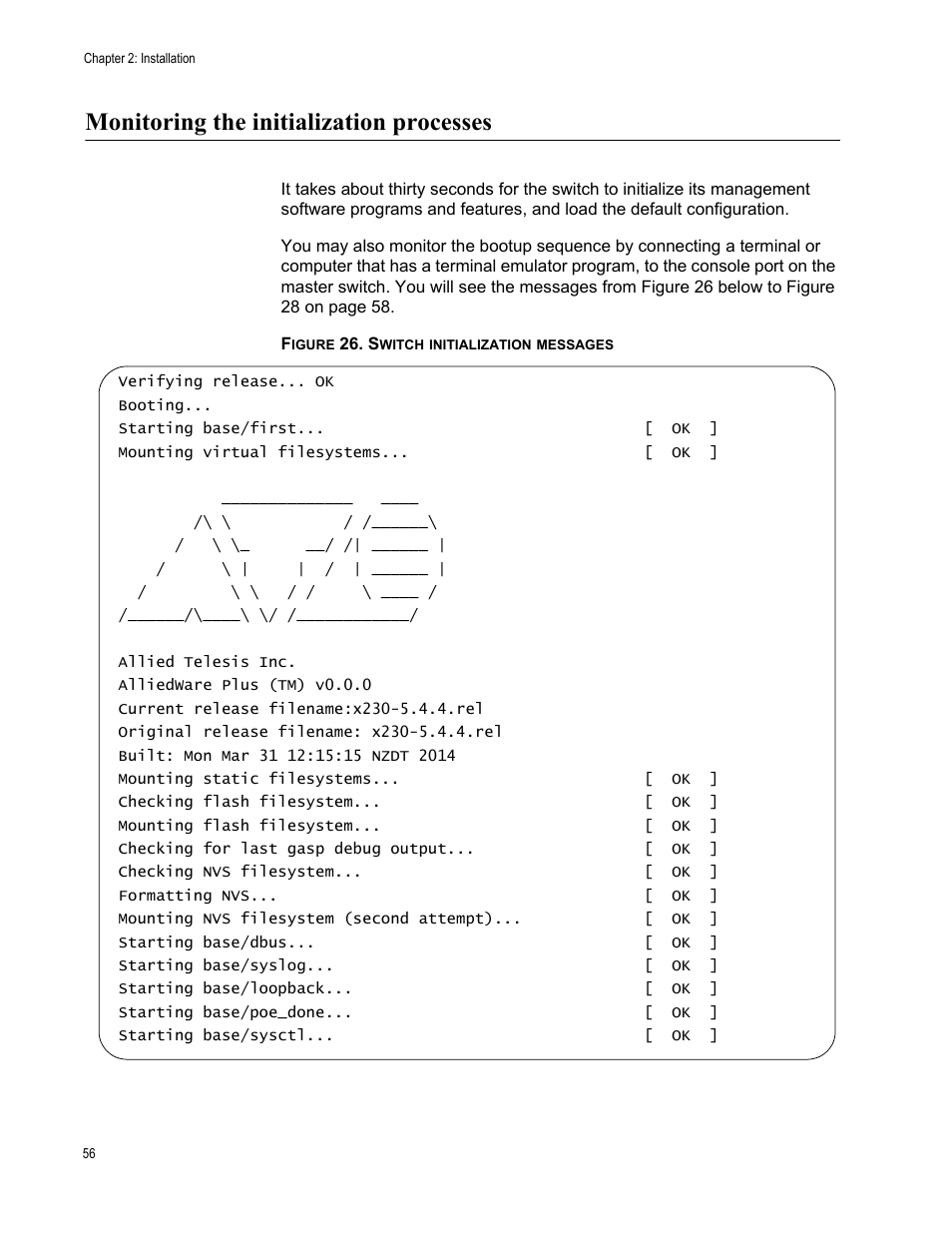 Monitoring the initialization processes, Figure 26: switch initialization messages | Allied Telesis AT-x230-18GP User Manual | Page 66 / 80