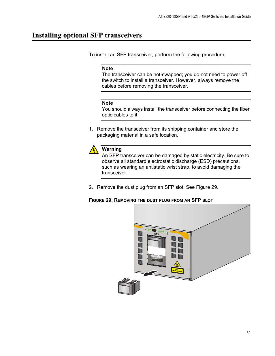 Installing optional sfp transceivers, Figure 29: removing the dust plug from an sfp slot | Allied Telesis AT-x230-18GP User Manual | Page 69 / 80