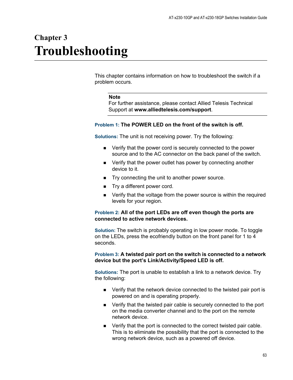 Chapter 3: troubleshooting, Troubleshooting, Chapter 3 | Allied Telesis AT-x230-18GP User Manual | Page 73 / 80