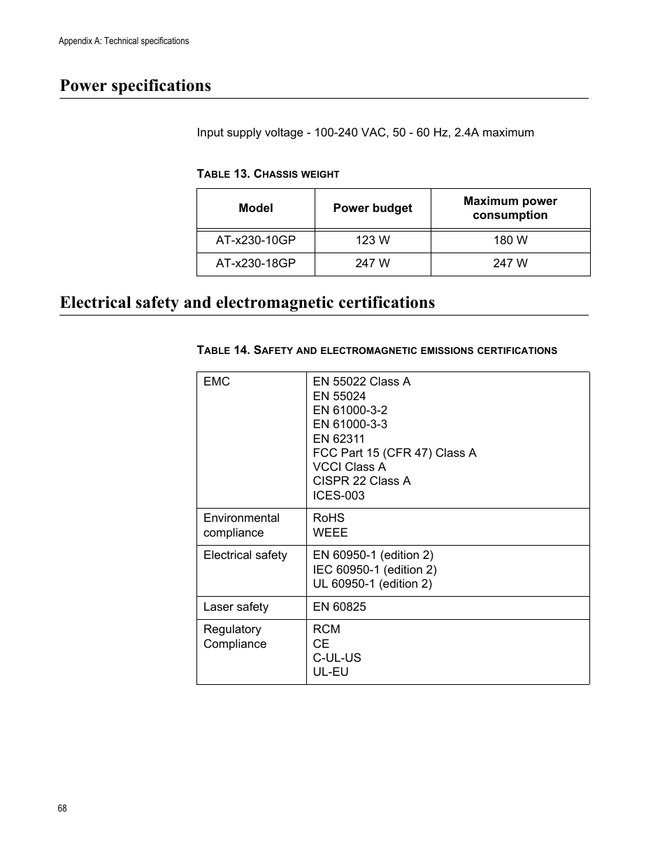 Power specifications | Allied Telesis AT-x230-18GP User Manual | Page 78 / 80