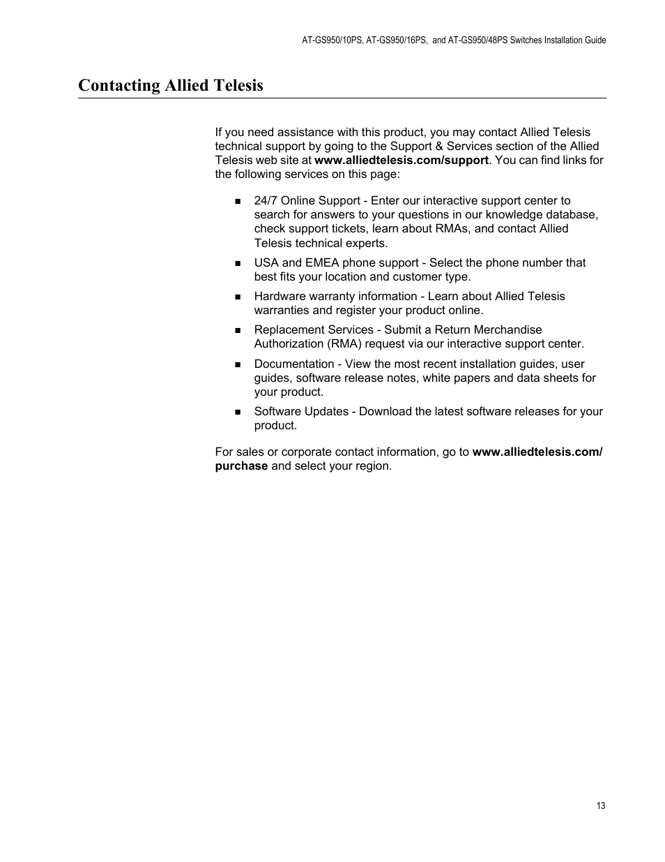Contacting allied telesis | Allied Telesis AT-GS950/10PS User Manual | Page 13 / 64