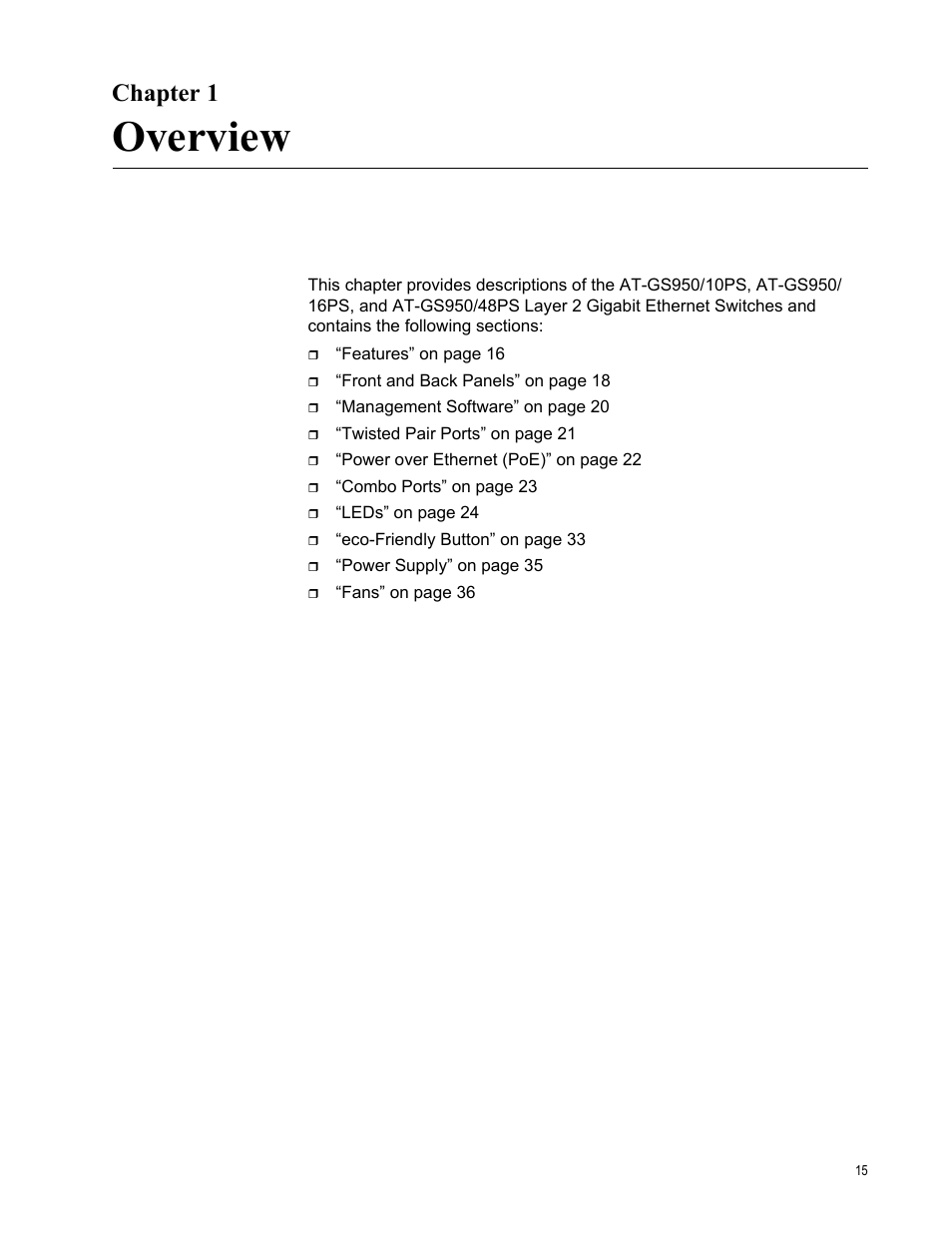 Chapter 1, Overview, Chapte | Allied Telesis AT-GS950/10PS User Manual | Page 15 / 64