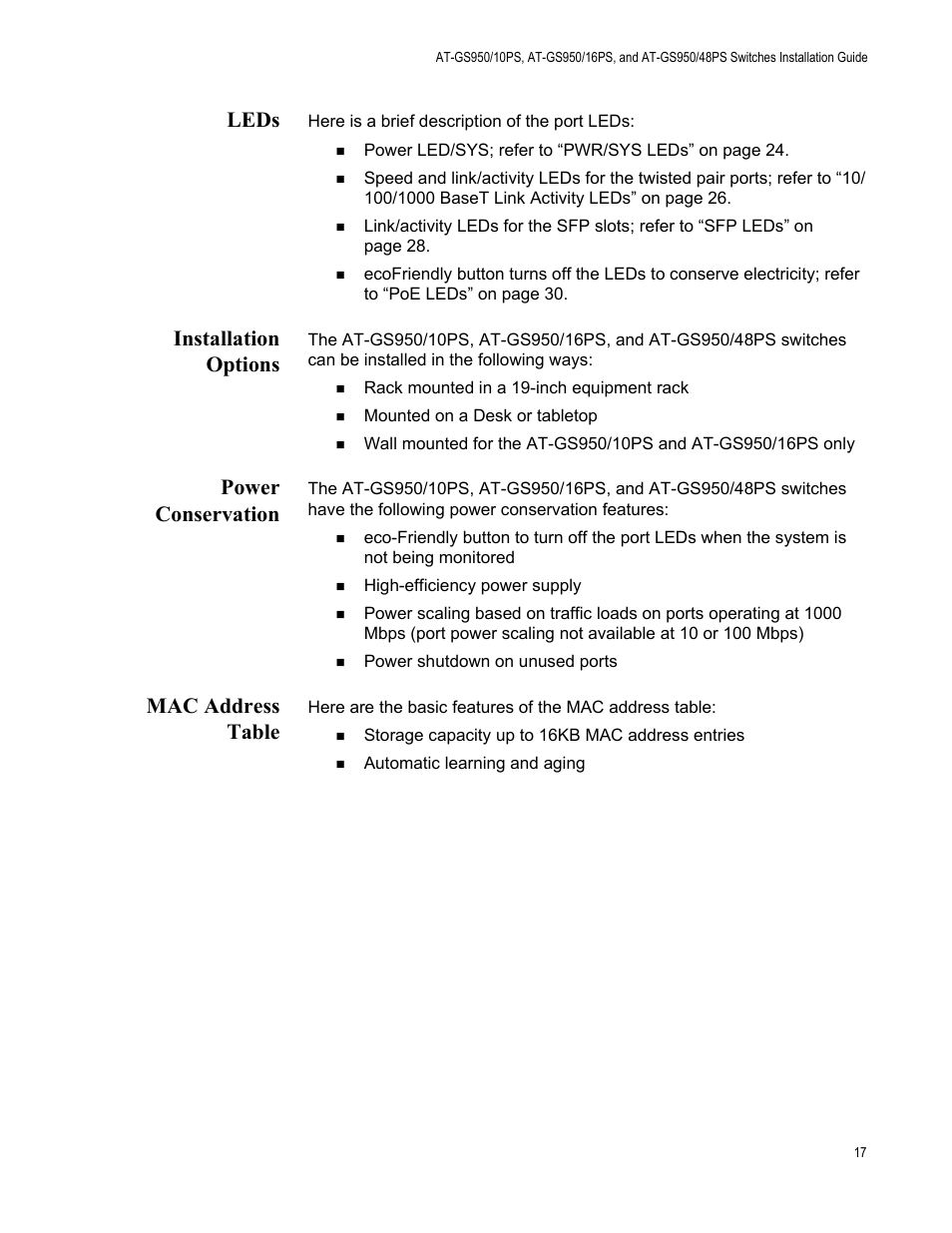 Leds, Installation options, Power conservation | Mac address table | Allied Telesis AT-GS950/10PS User Manual | Page 17 / 64