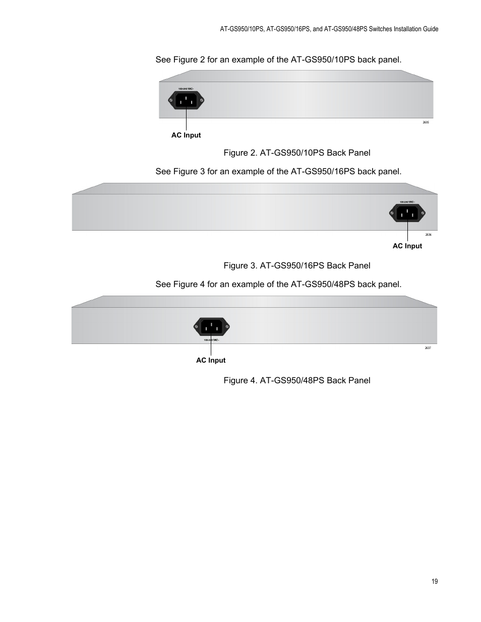 Gure 2: at-gs950/10ps back panel, Gure 3: at-gs950/16ps back panel, Gure 4: at-gs950/48ps back panel | Allied Telesis AT-GS950/10PS User Manual | Page 19 / 64