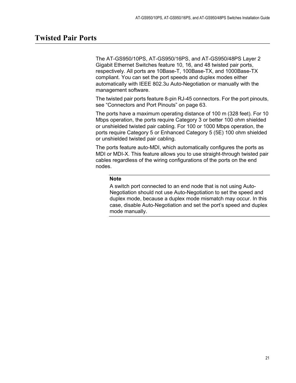 Twisted pair ports | Allied Telesis AT-GS950/10PS User Manual | Page 21 / 64