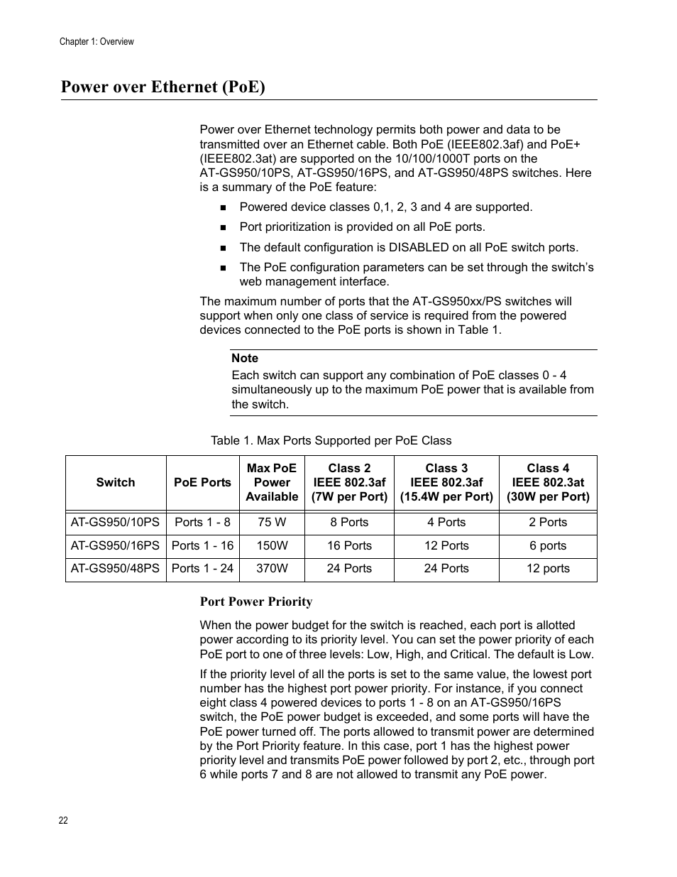 Power over ethernet (poe), Max ports supported per poe class | Allied Telesis AT-GS950/10PS User Manual | Page 22 / 64