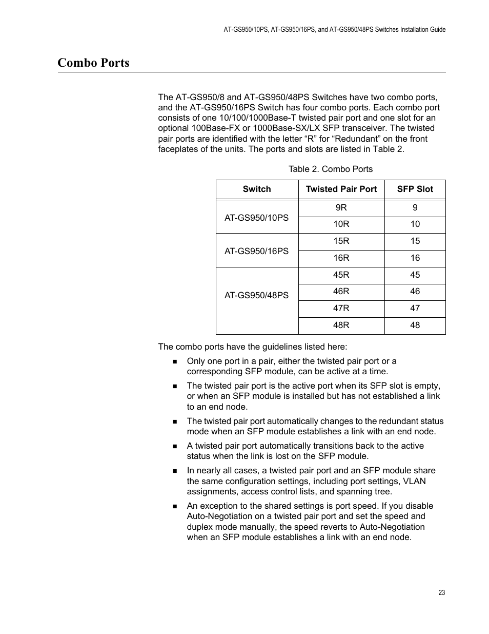 Combo ports | Allied Telesis AT-GS950/10PS User Manual | Page 23 / 64