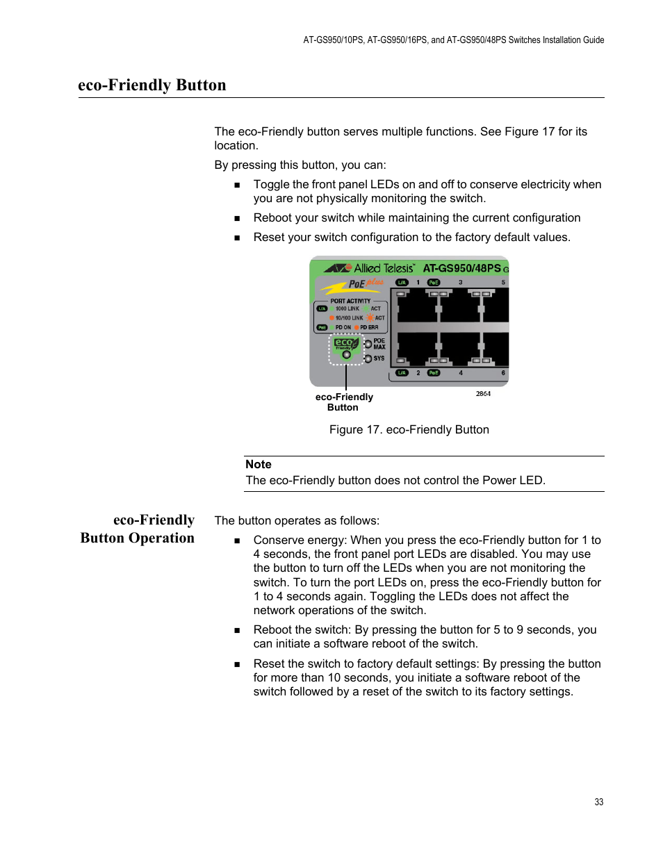 Eco-friendly button, Eco-friendly button operation | Allied Telesis AT-GS950/10PS User Manual | Page 33 / 64