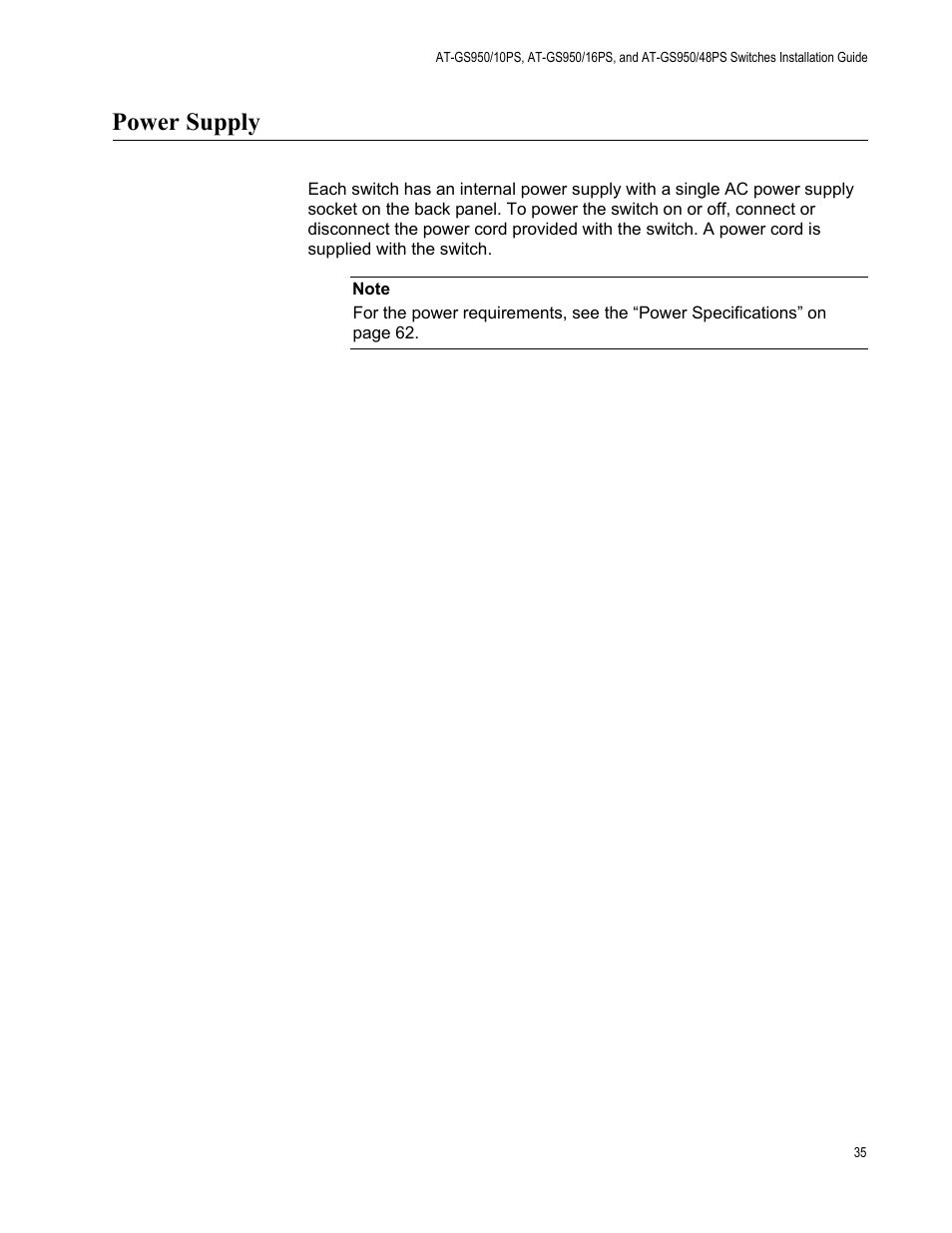 Power supply | Allied Telesis AT-GS950/10PS User Manual | Page 35 / 64