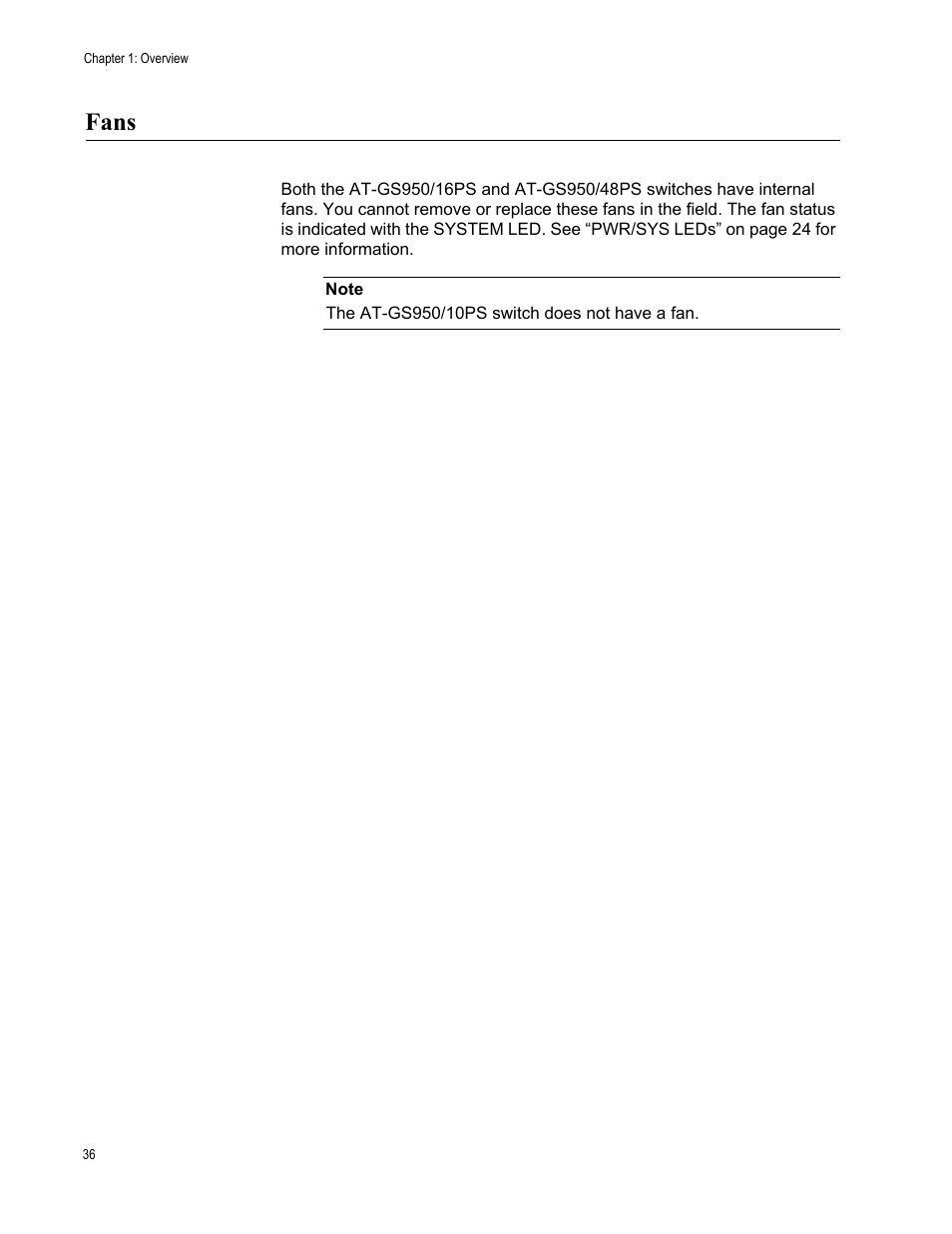 Fans | Allied Telesis AT-GS950/10PS User Manual | Page 36 / 64