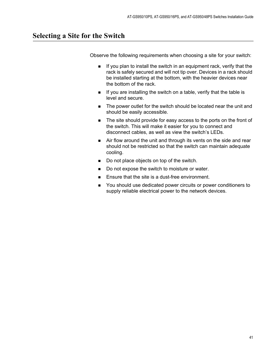 Selecting a site for the switch | Allied Telesis AT-GS950/10PS User Manual | Page 41 / 64