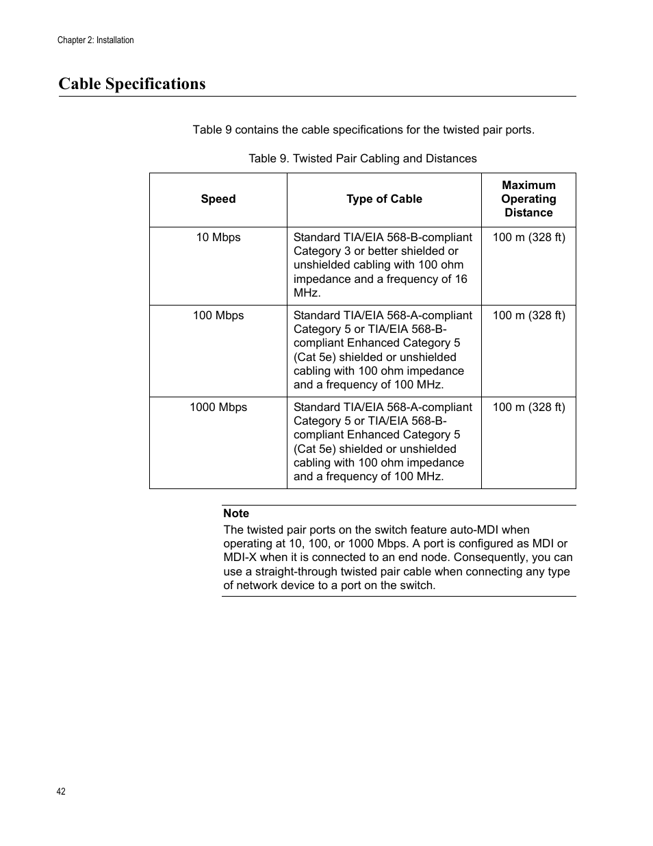 Cable specifications, Twisted pair cabling and distances | Allied Telesis AT-GS950/10PS User Manual | Page 42 / 64