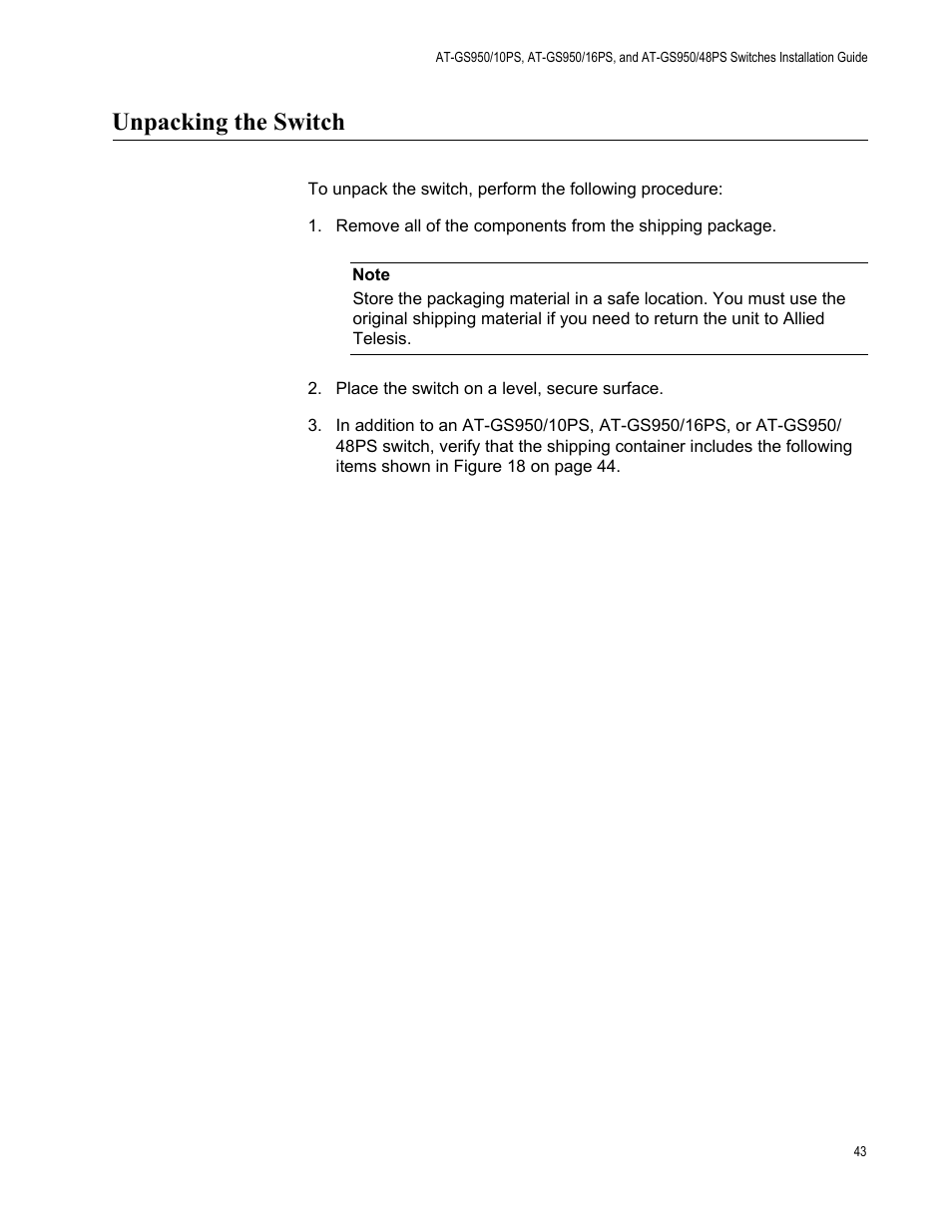 Unpacking the switch | Allied Telesis AT-GS950/10PS User Manual | Page 43 / 64