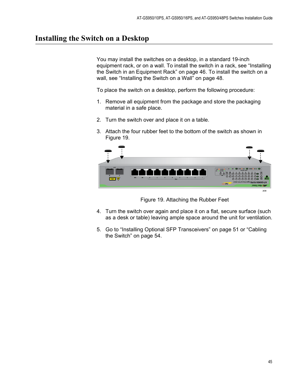 Installing the switch on a desktop, Attaching the rubber feet | Allied Telesis AT-GS950/10PS User Manual | Page 45 / 64