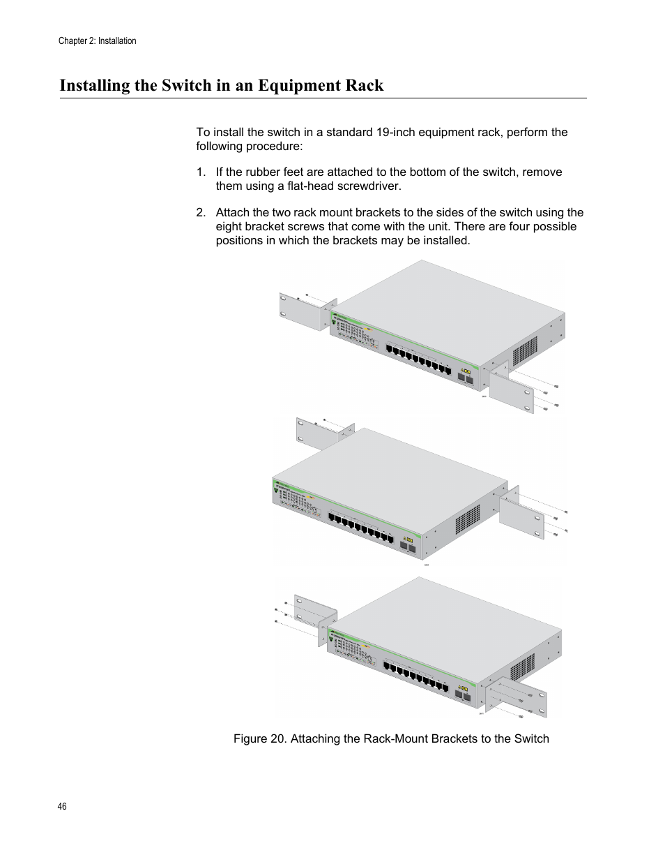 Installing the switch in an equipment rack, Attaching the rack-mount brackets to the switch | Allied Telesis AT-GS950/10PS User Manual | Page 46 / 64