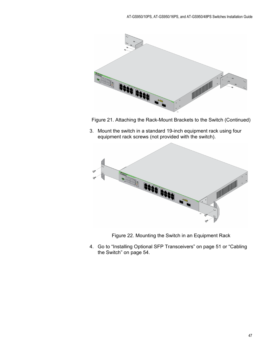 Mounting the switch in an equipment rack | Allied Telesis AT-GS950/10PS User Manual | Page 47 / 64