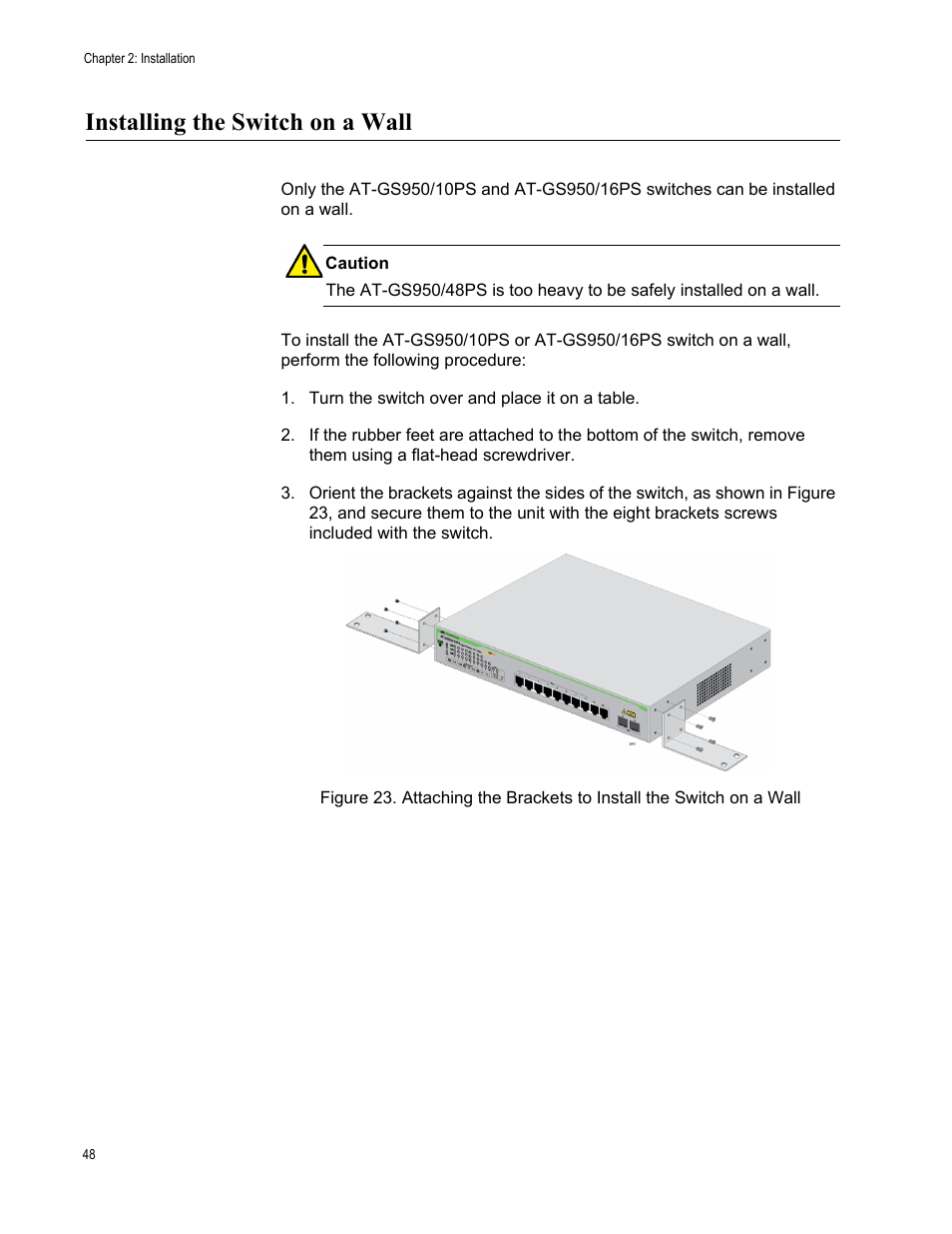 Installing the switch on a wall | Allied Telesis AT-GS950/10PS User Manual | Page 48 / 64