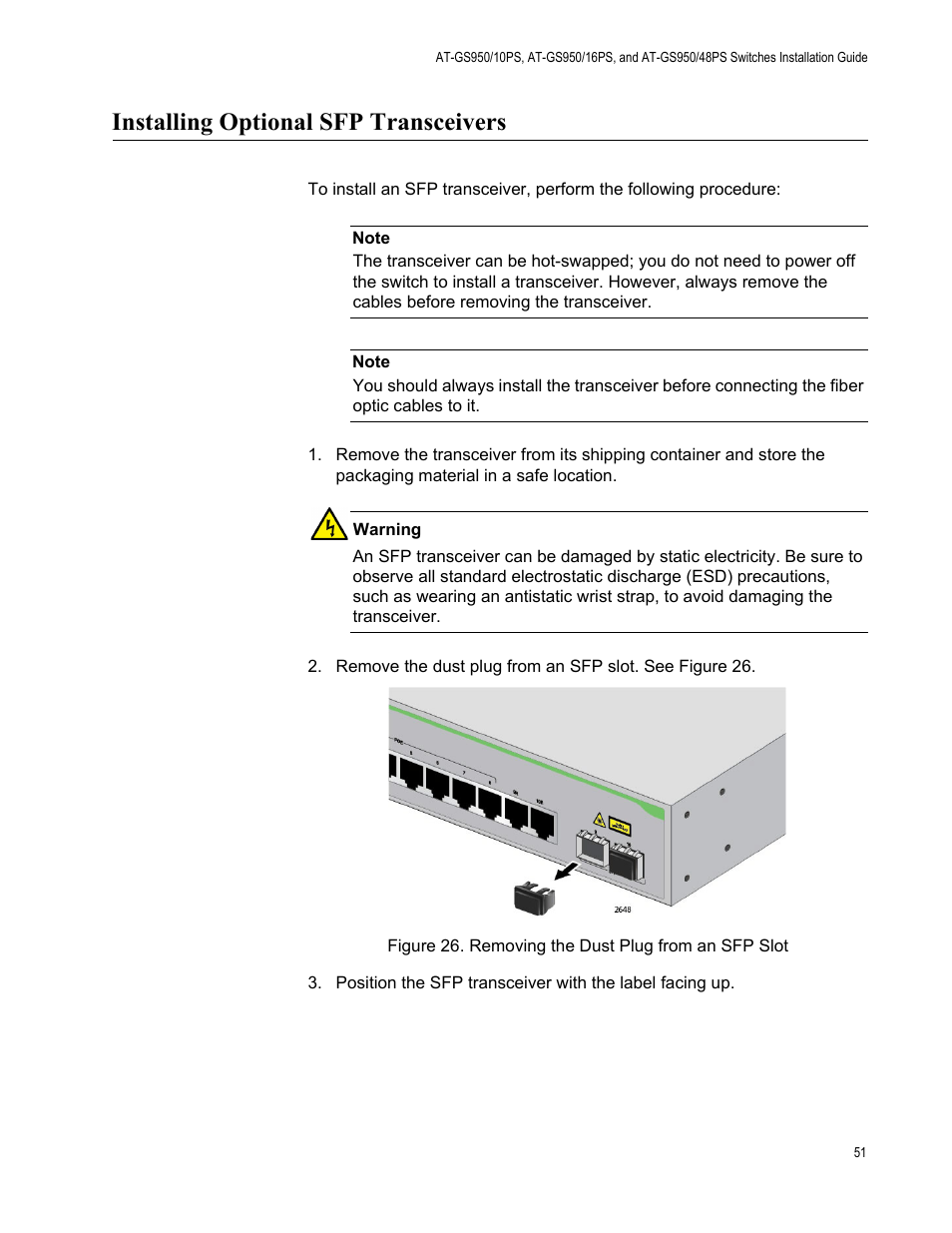 Installing optional sfp transceivers, Removing the dust plug from an sfp slot | Allied Telesis AT-GS950/10PS User Manual | Page 51 / 64