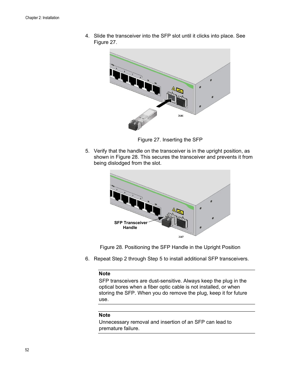 Inserting the sfp, Positioning the sfp handle in the upright position | Allied Telesis AT-GS950/10PS User Manual | Page 52 / 64