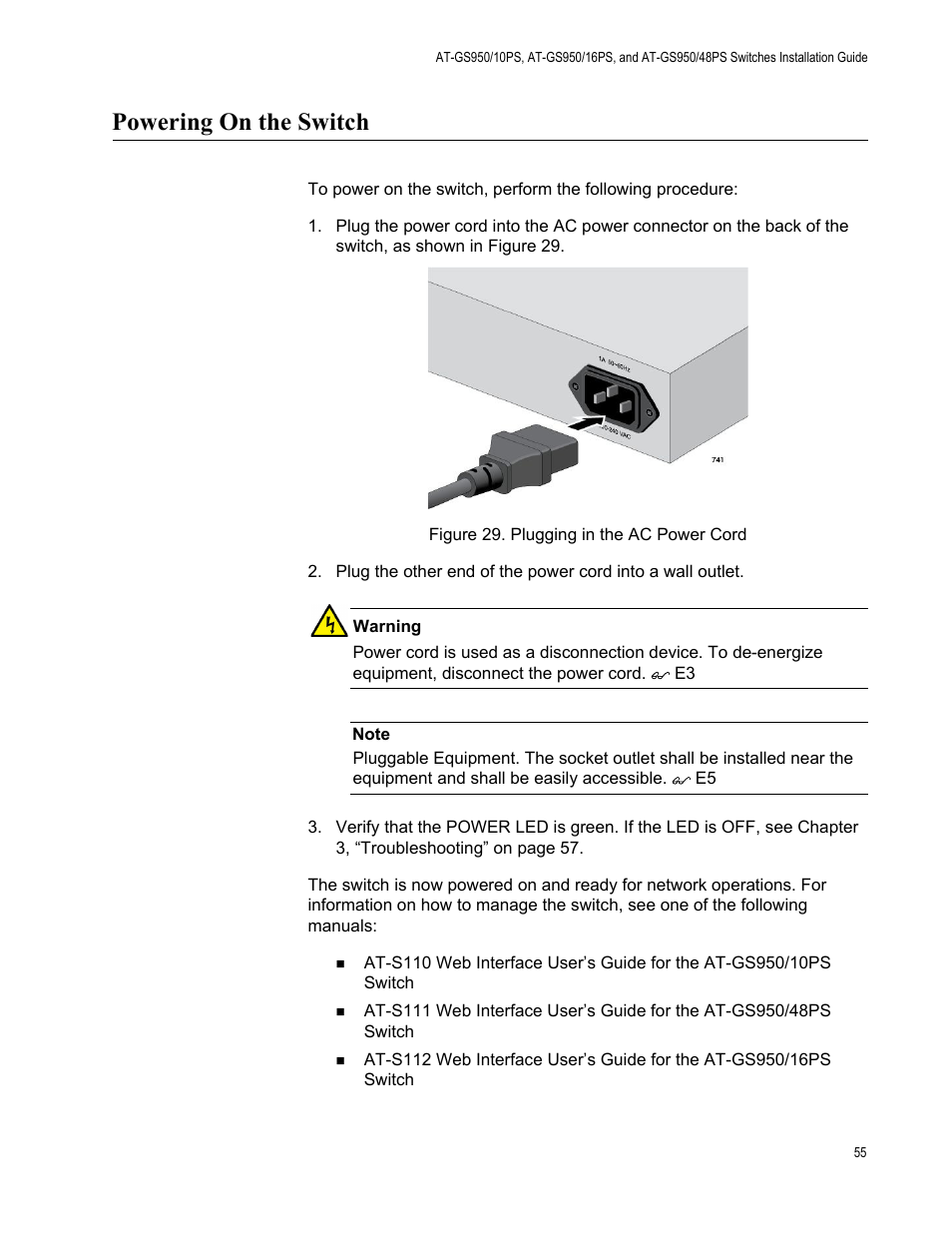 Powering on the switch, Plugging in the ac power cord | Allied Telesis AT-GS950/10PS User Manual | Page 55 / 64