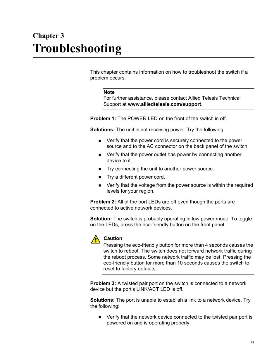 Chapter 3, Troubleshooting, Chapte | Allied Telesis AT-GS950/10PS User Manual | Page 57 / 64