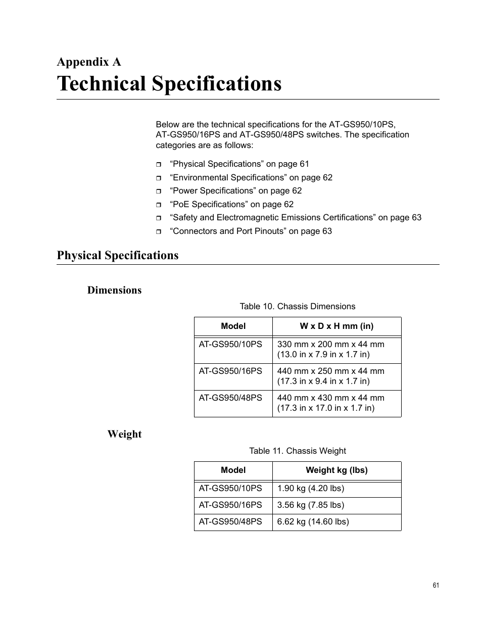 Appendix a, Technical specifications, Physical specifications | Dimensions, Weight, Dimensions weight, Chassis dimensions, Chassis weight | Allied Telesis AT-GS950/10PS User Manual | Page 61 / 64