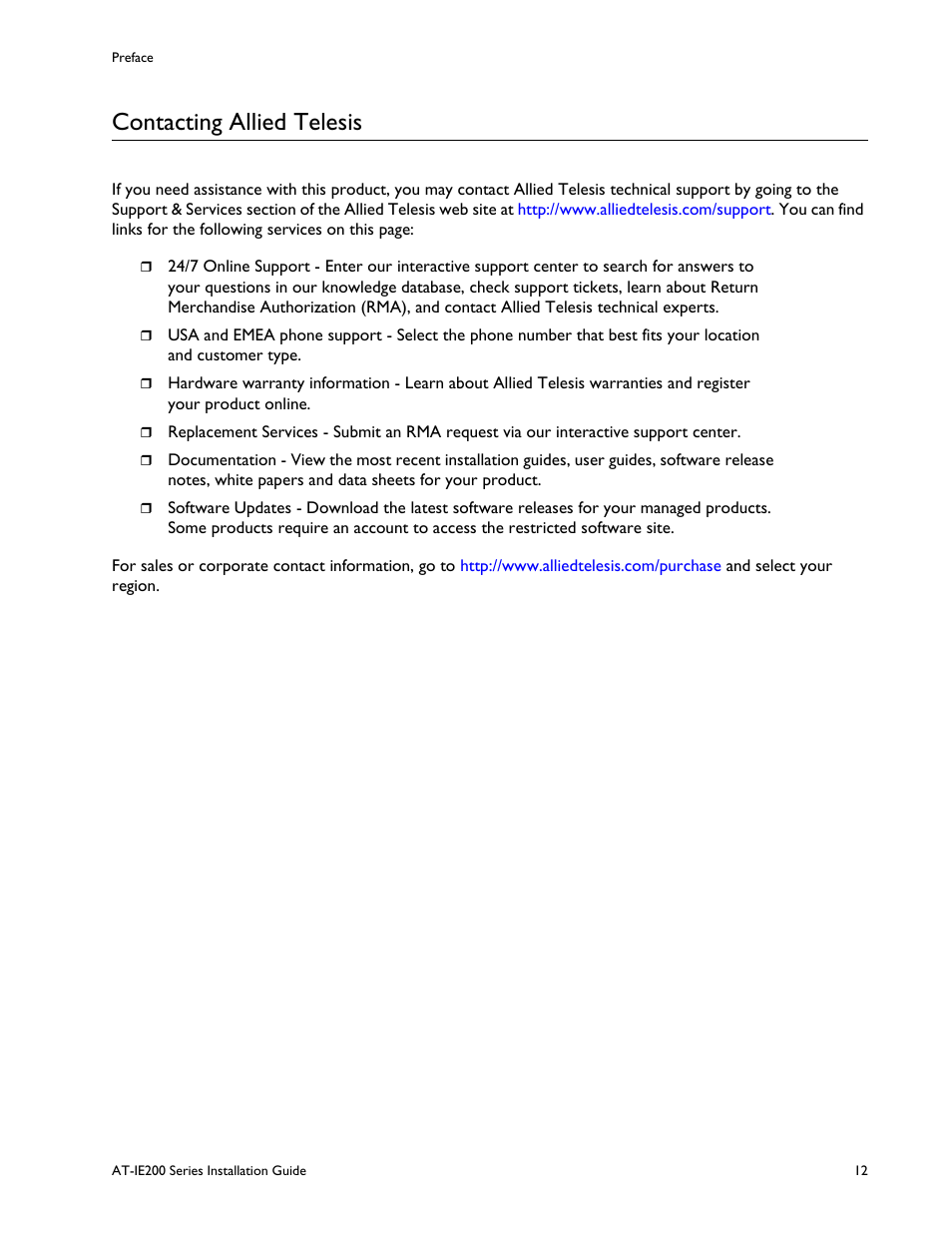Contacting allied telesis | Allied Telesis IE200 Series User Manual | Page 12 / 70