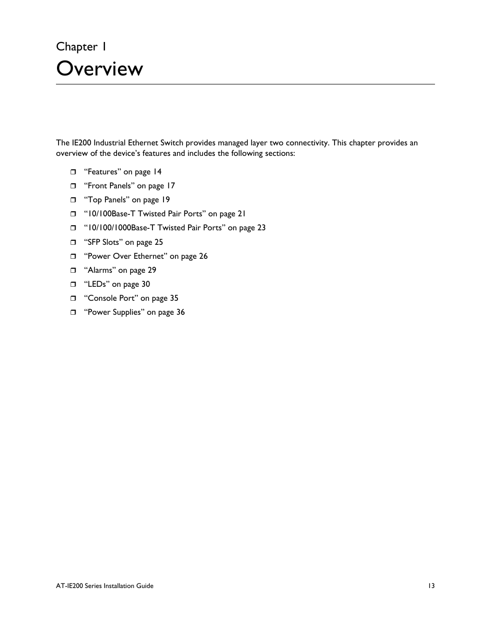 Chapter 1, Overview, Chapter 1: overview | Allied Telesis IE200 Series User Manual | Page 13 / 70