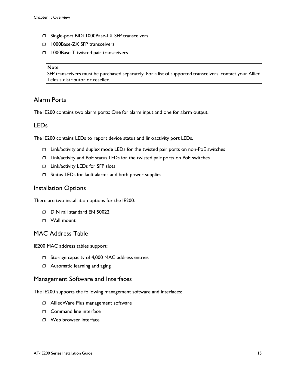 Alarm ports, Leds, Installation options | Mac address table, Management software and interfaces | Allied Telesis IE200 Series User Manual | Page 15 / 70