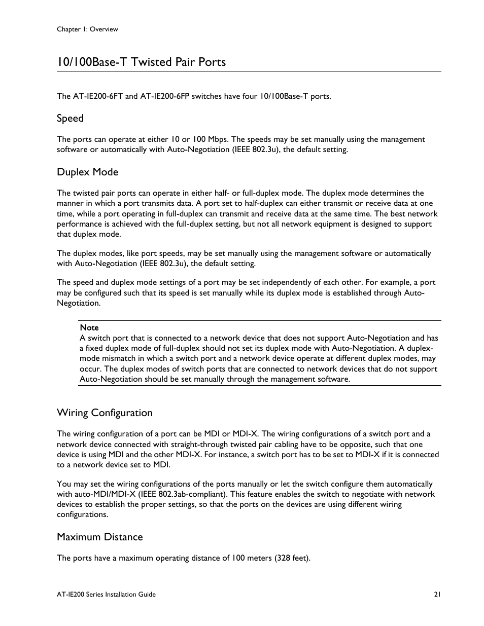 10/100base-t twisted pair ports, Speed, Duplex mode | Wiring configuration, Maximum distance | Allied Telesis IE200 Series User Manual | Page 21 / 70