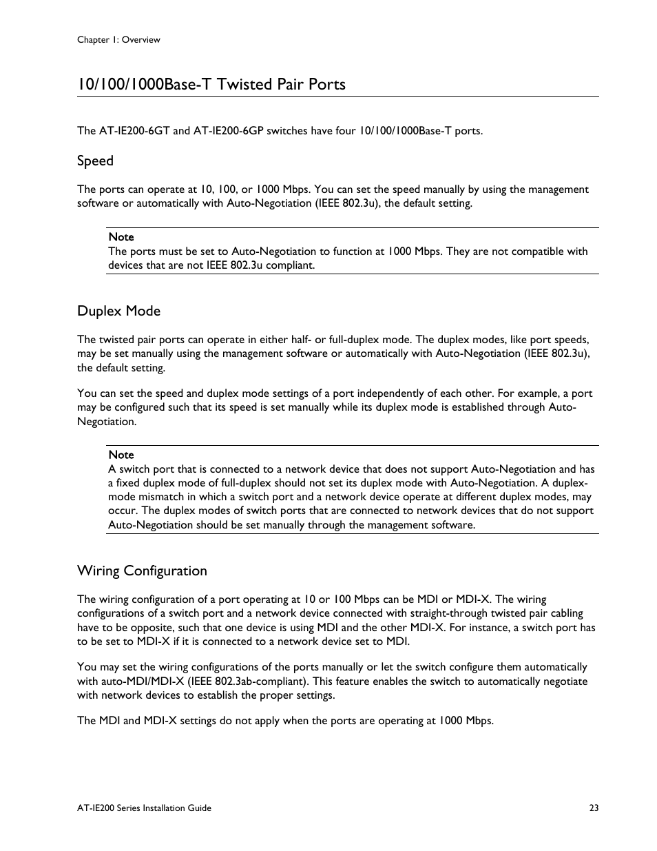 10/100/1000base-t twisted pair ports, Speed, Duplex mode | Wiring configuration, Speed duplex mode wiring configuration | Allied Telesis IE200 Series User Manual | Page 23 / 70