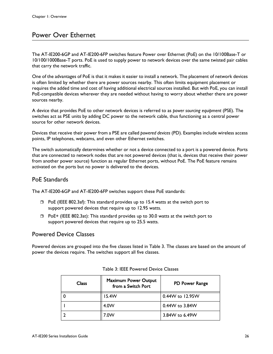 Power over ethernet, Poe standards, Powered device classes | Poe standards powered device classes, Ieee powered device classes | Allied Telesis IE200 Series User Manual | Page 26 / 70