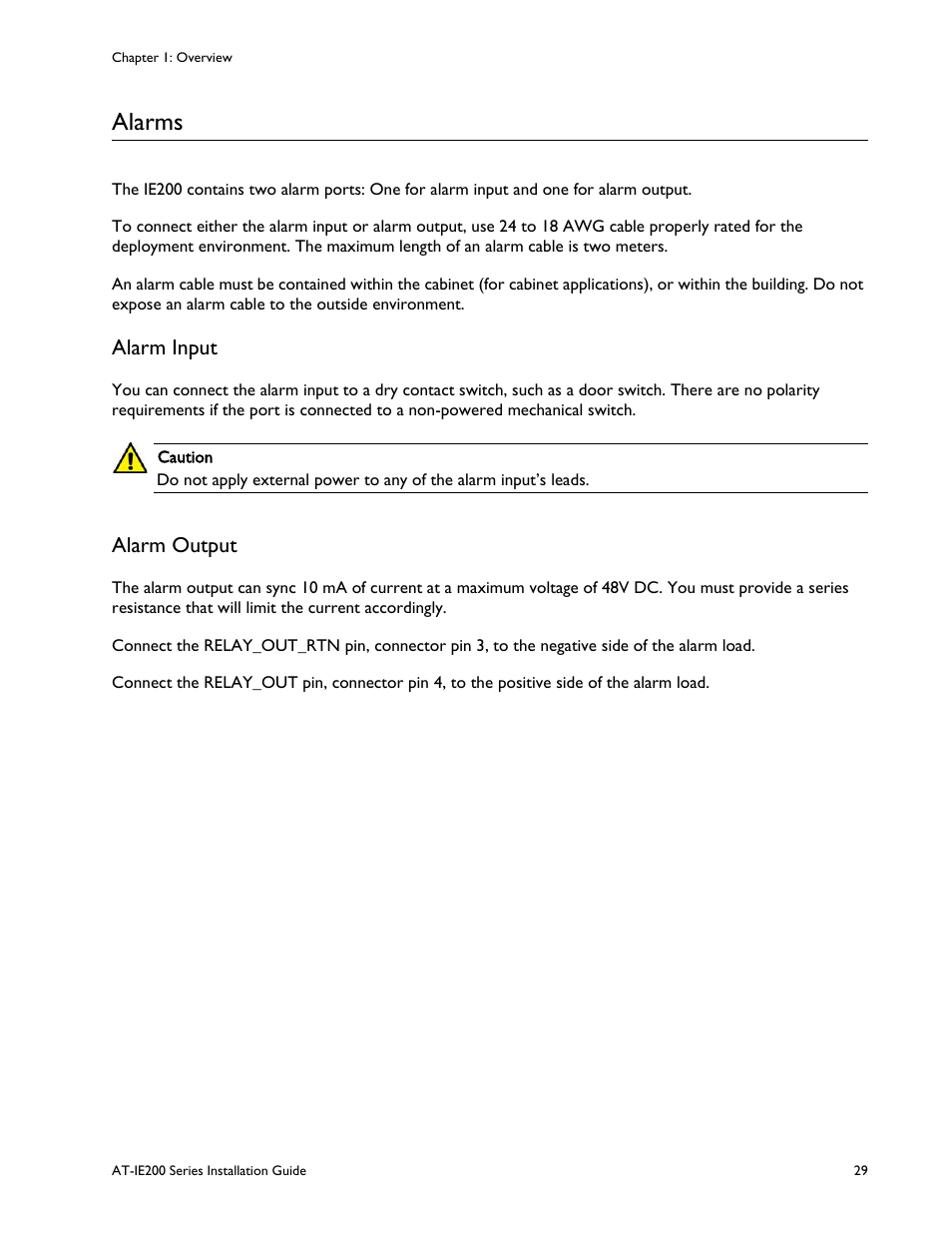 Alarms, Alarm input, Alarm output | Alarm input alarm output | Allied Telesis IE200 Series User Manual | Page 29 / 70