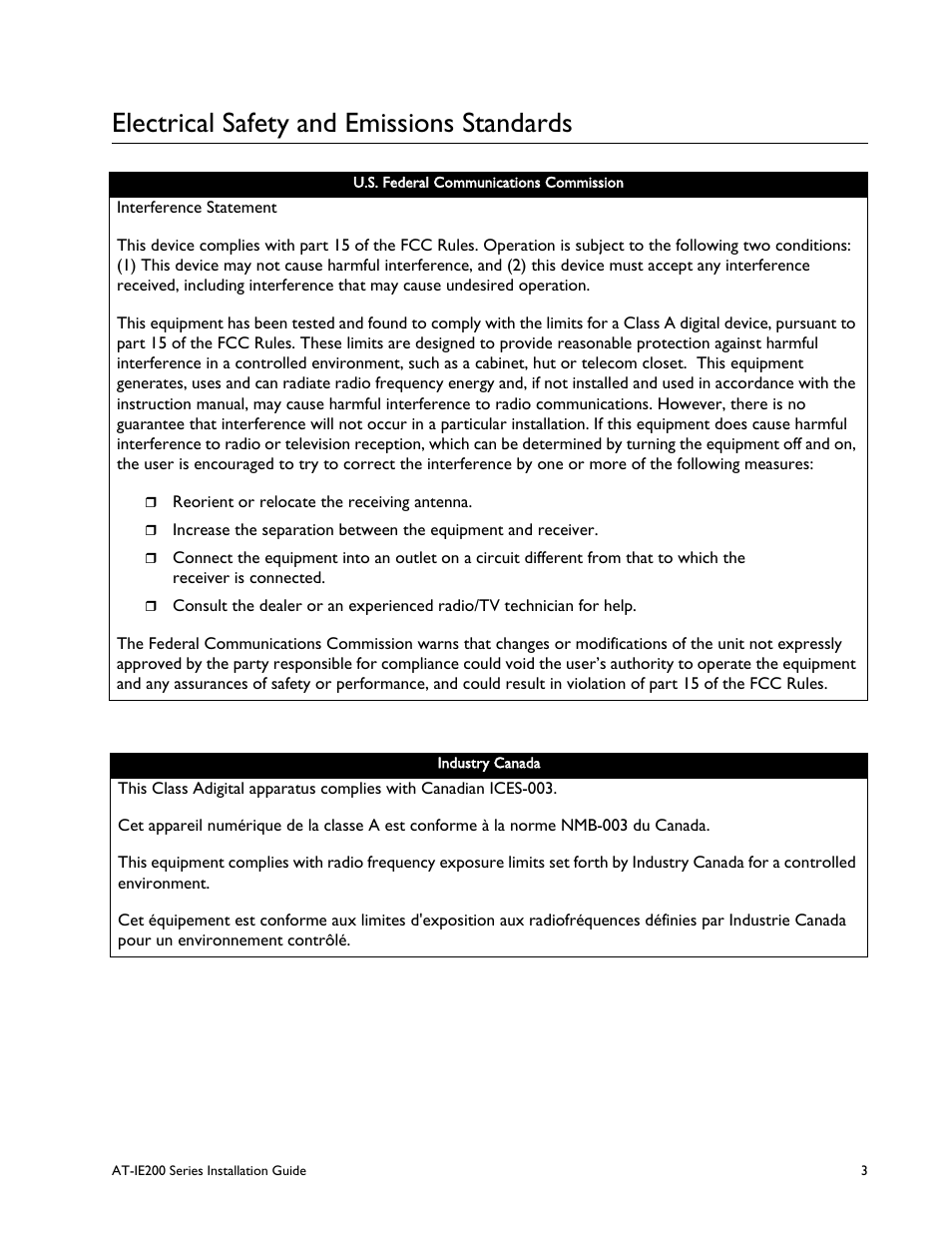 Electrical safety and emissions standards | Allied Telesis IE200 Series User Manual | Page 3 / 70