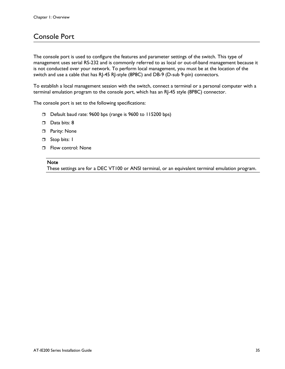 Console port | Allied Telesis IE200 Series User Manual | Page 35 / 70